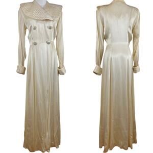 Vintage 40s KAMORA Glam Ivory Liquid Satin Dressing Gown Lingerie Robe Size S